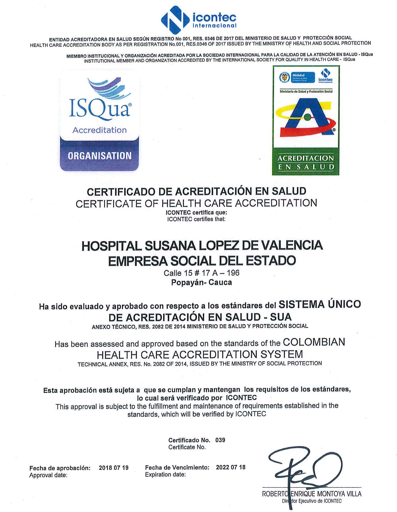 Certificación ICONTEC de Acreditación en Salud
