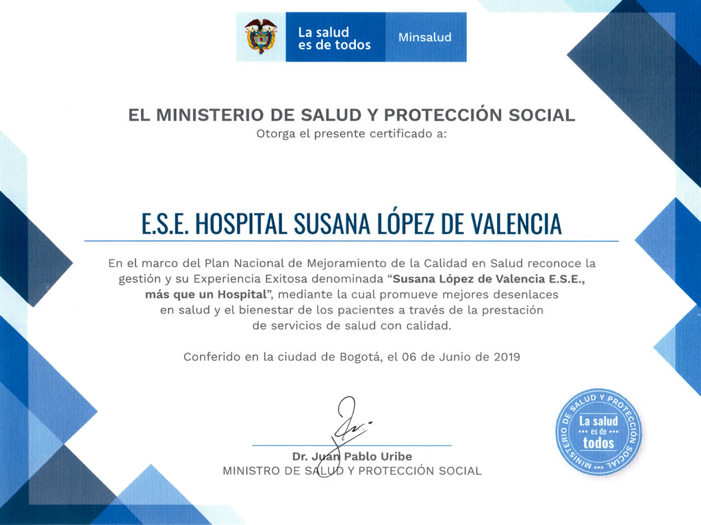 Reconocimiento del Ministerio de Salud y la Protección Social a la Gestión y Experiencia Exitosa